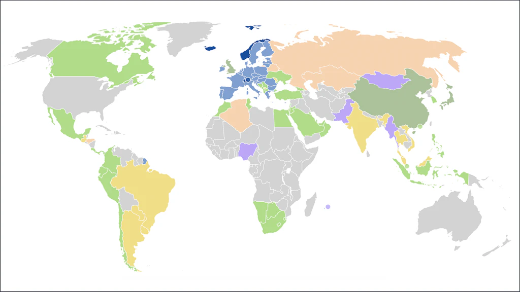 Carte du monde avec tous les partenaires de libre-échange de la Suisse