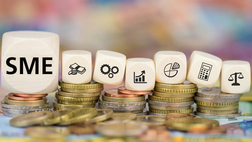 Wooden cubes bearing the inscription “SME” and symbols relating to finance and business processes stand on stacked coins.