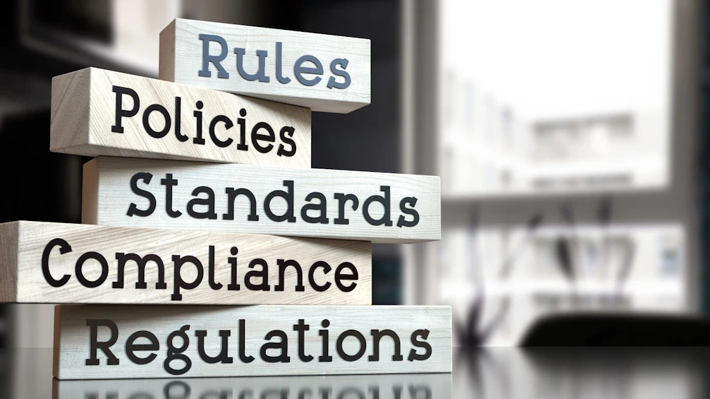 5 blocks labeled: Rules, Policy, Standards, Compliance, Regulation.