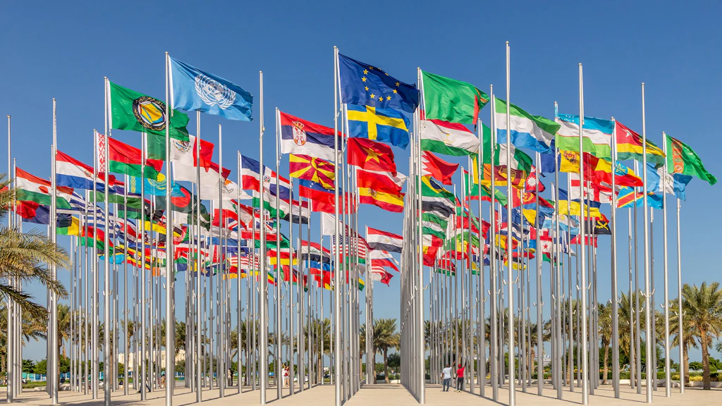 Drapeaux des États membres UE et Nations unies, sous ciel bleu et palmiers au fond.