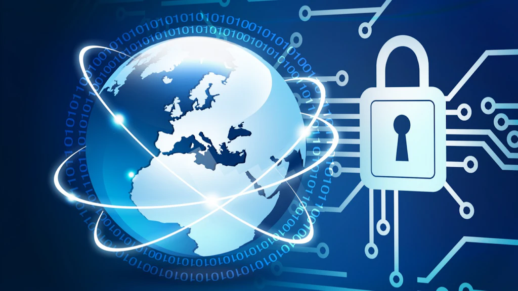 Représentation d'un globe numérique, entouré de lignes de données circulaires et d'un code binaire, avec à côté un symbole de cadenas relié à des circuits.