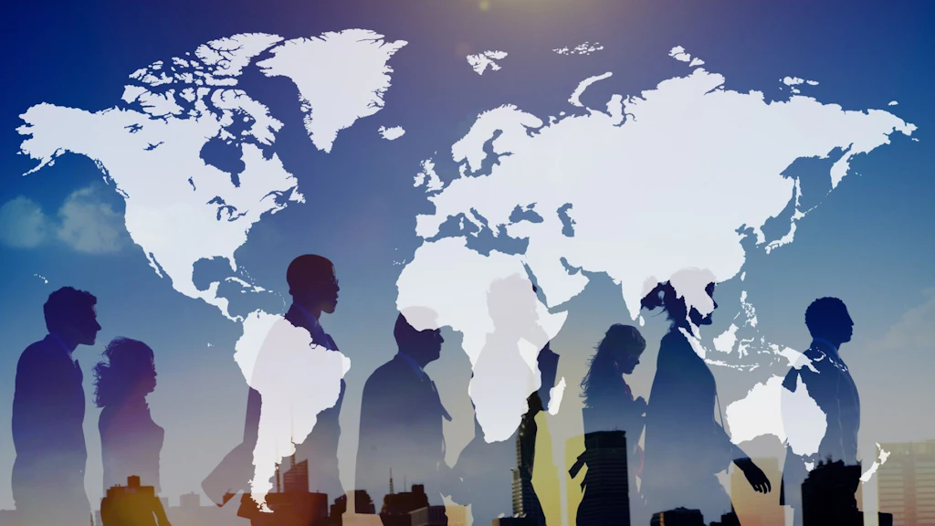 Silhouettes of people walking against a city backdrop, superimposed on a white map of the world set against a blue gradient background.