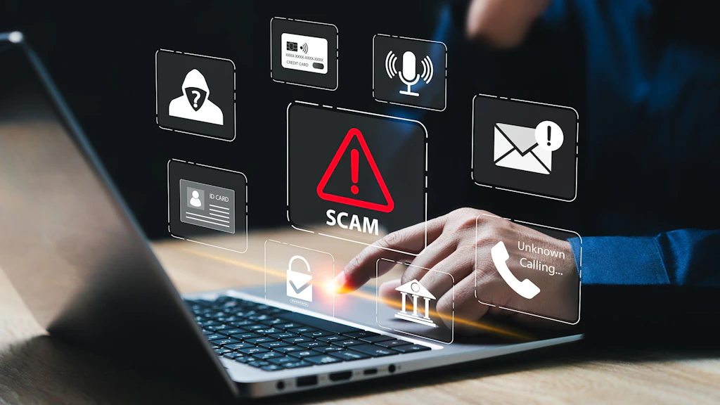 Hand nutzt Laptop, Warnmeldungen um den Bildschirm zeigen Betrug, unbekannte Anrufe und betrügerische Nachrichten deutlich.