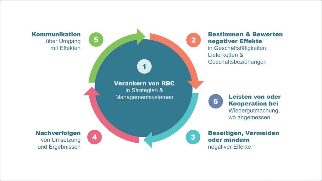 Die 6 Schritte: 1. Verankern von RBC; 2. Bestimmen & bewerten negativer Effekte; 3. Beseitigen, vermeiden oder mindern; 4. Nachfolgen; 5. Kommunikation; 6. Leisten von oder Kooperation bei Wiedergutmachung.