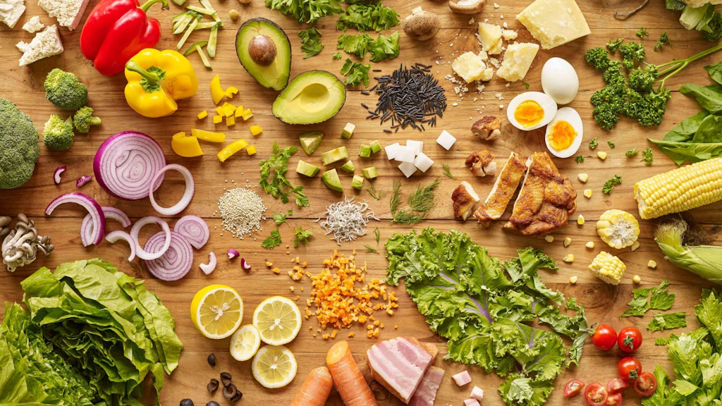 Tisch mit vielfältig präsentierten frischen Lebensmitteln wie Gemüse, Früchte, Eier, Fleisch, Hülsenfrüchte und Getreide in verschiedenen Farben