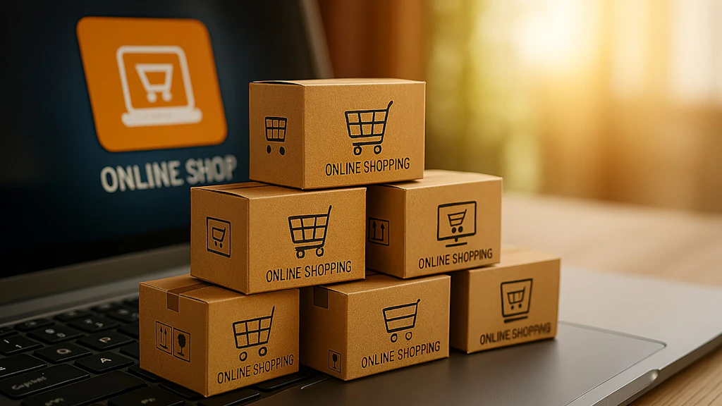 Scatole in miniatura per lo shopping online impilate sulla tastiera di un computer portatile.
