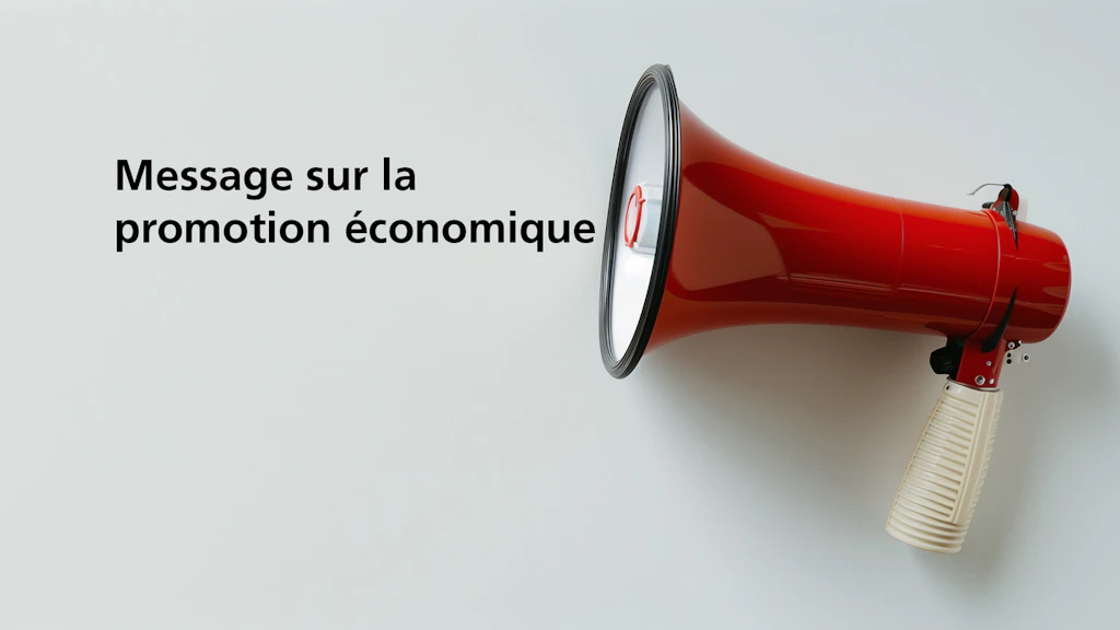 Un mégaphone rouge est posé sur un fond clair. À gauche, on peut lire le texte suivant : Message sur la promotion économique pour les années 2024 à 2027