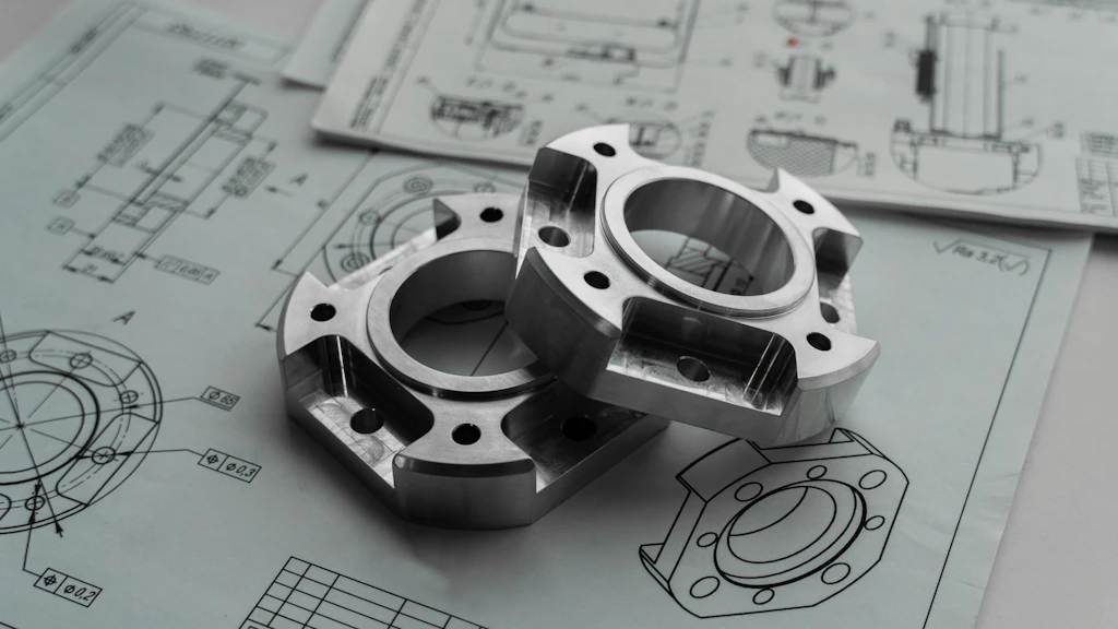 Close-up of two very specific metal components with a hole in the middle (a kind of nut) on a construction plan.
