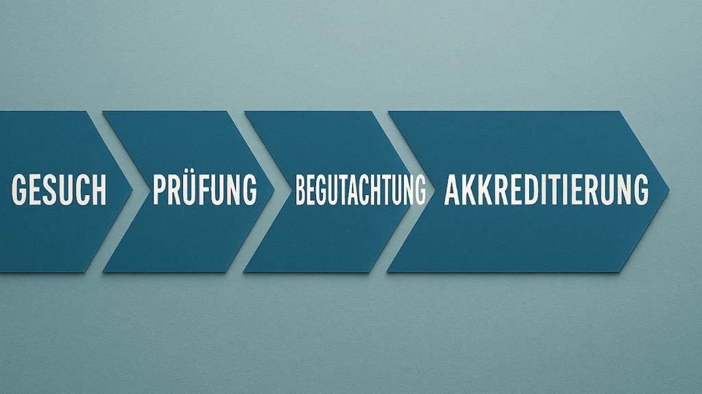 Grafik mit vier nebeneinander angeordneten Pfeilen, die den Akkreditierungsprozess darstellen: Gesuch, Prüfung, Begutachtung und Akkreditierung.
