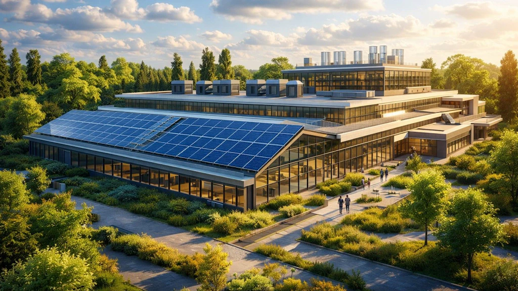 Ein Bürogebäude mit Solarzellen auf dem Dach in einer grünen Landschaft.