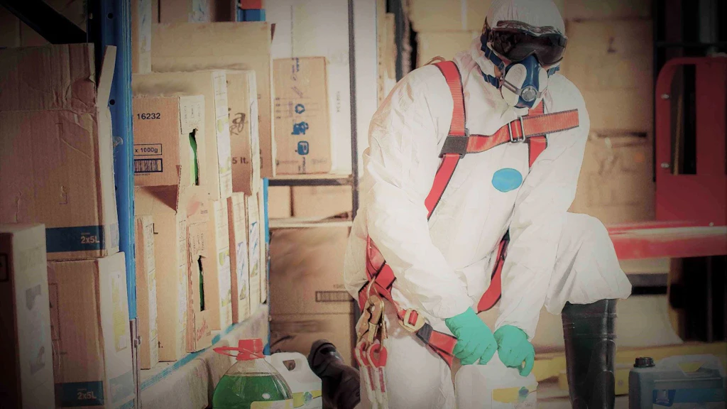 Person in Schutzkleidung arbeitet mit Chemikalien