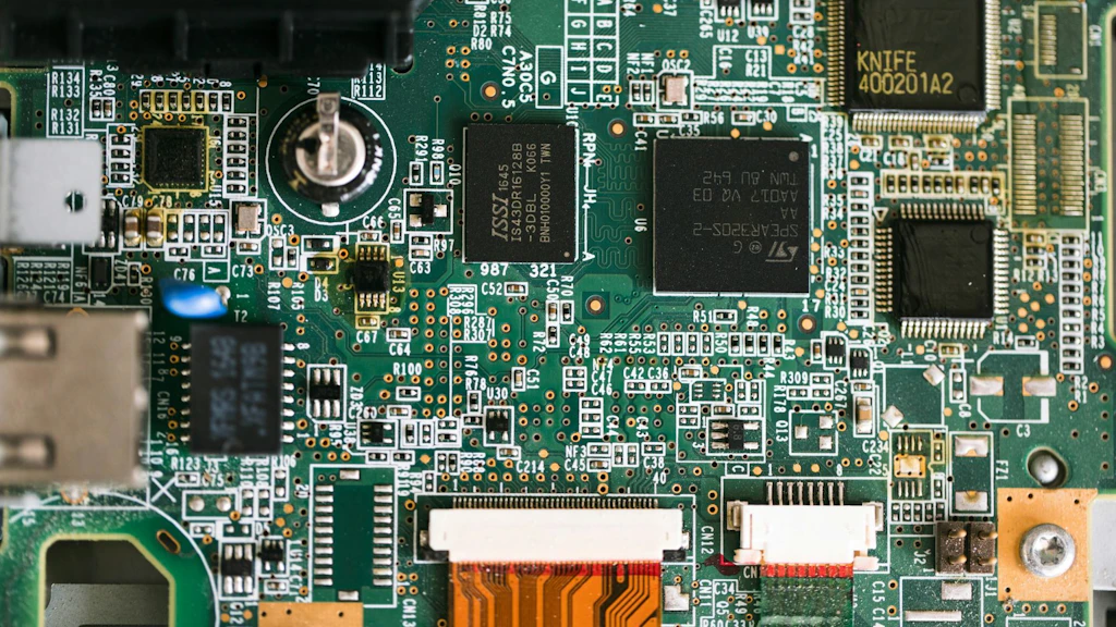 Grüne Leiterplatte aus der Elektrotechnik mit dicht angeordneten Bauteilen und komplex verzweigten Leiterbahnen.