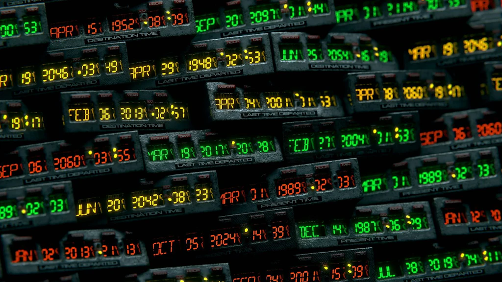 Mehrere digitale LED-Anzeigen mit Datums- und Zeitangaben in Grün, Gelb und Rot, dicht nebeneinander angeordnet – symbolisch für Informationstechnologie, Datenverarbeitung