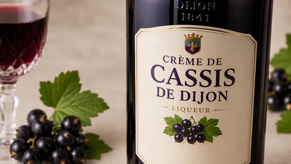Eine Flasche Cassislikör aus Dijon, garniert mit Johannisbeeren und grünen Blättern.