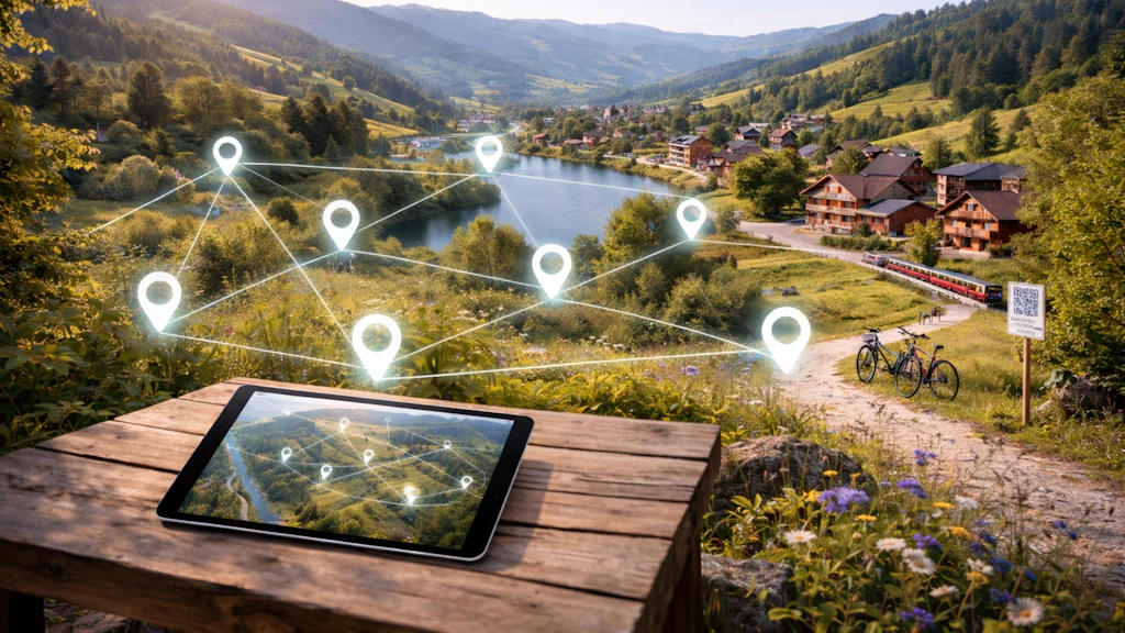 Berglandschaft mit einem Tisch und Ipad im Vordergrund