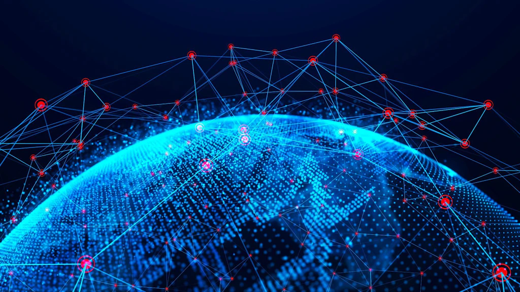 Abstrakte Darstellung des vernetzten globalen Handels mit einer Weltkarte und symbolischen Elementen, die den Austausch von Waren und Dienstleistungen zwischen verschiedenen Regionen veranschaulichen.