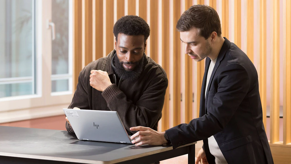 Zwei Personen schauen auf ein Laptop