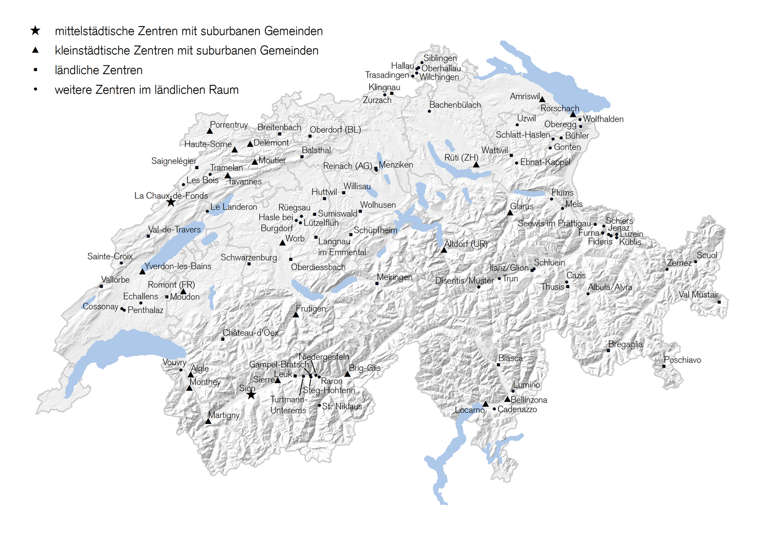 Schweizer Landkarte mit den verschiedenen Zentren der Anwendungsgebiete