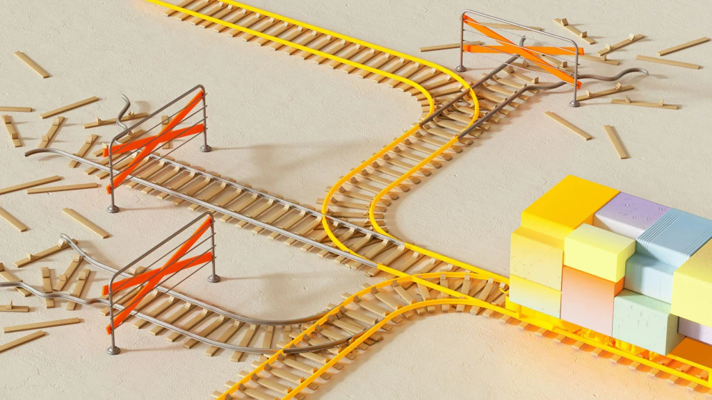 3D-Rendering von verzweigten Gleisen mit Weichen, die durch orangefarbene Schranken gesperrt sind