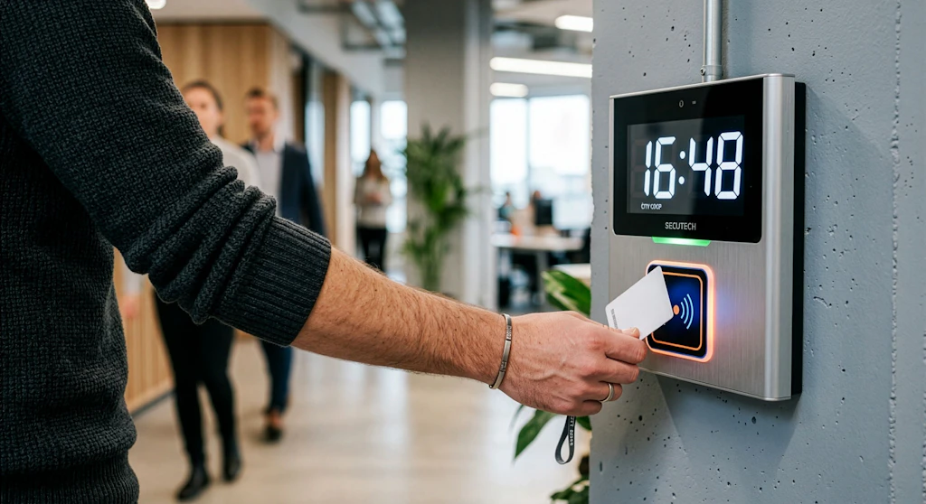 Die Arbeitszeit wird vom Mitarbeiter über die digitale Stempeluhr registriert.