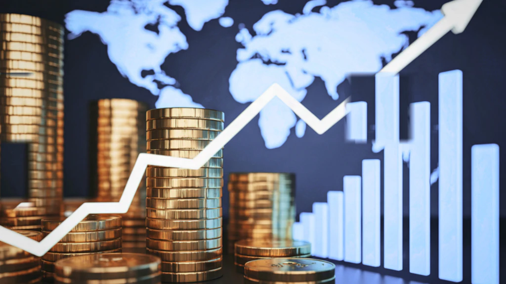 Coins, statistics and a world map in the background