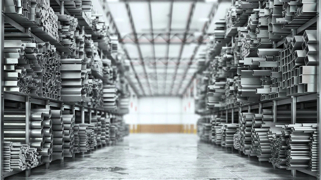 3D rendering of rolled metal products in front of a warehouse