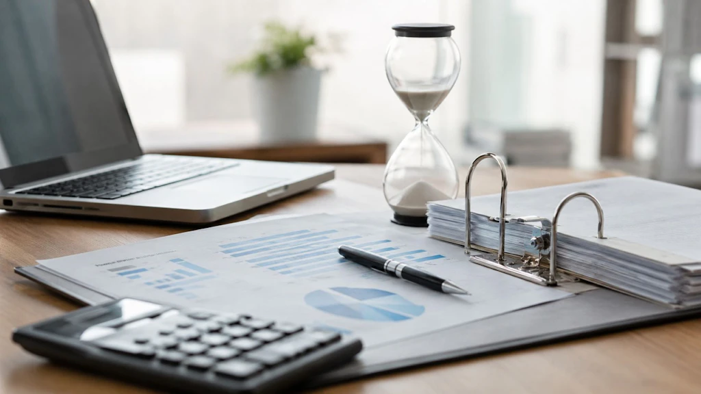 Desk with a binder, charts, calculator and hourglass. The image represents the time and costs involved in an accreditation process.