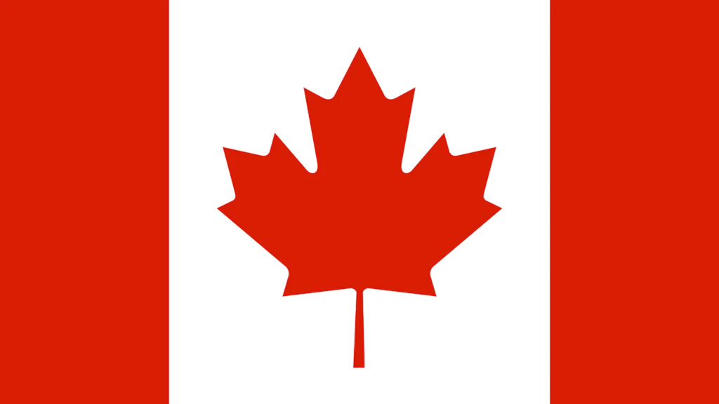 Flag of Canada with two vertical red bars and a central white field featuring a red maple leaf.