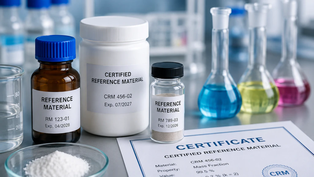Laboratory scene with various reference materials in labelled bottles, a certificate and laboratory glassware containing coloured liquids.