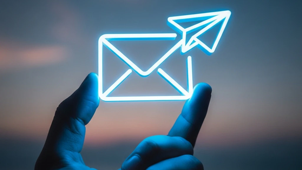 A hand holds a glowing, stylized email icon with a paper airplane against a blurred sky.