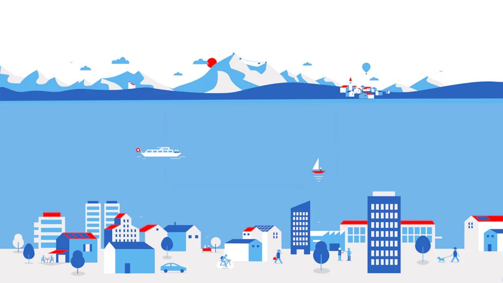 Background image guide promotion activities with Alpine mountain range, lake, and houses