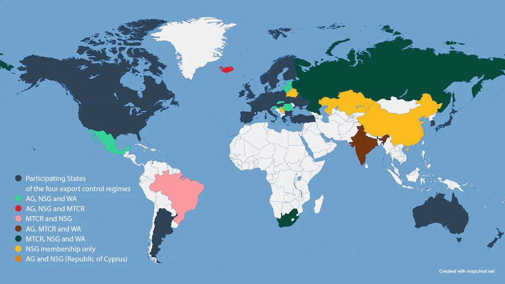 World map showing Participating States of the four export control regimes