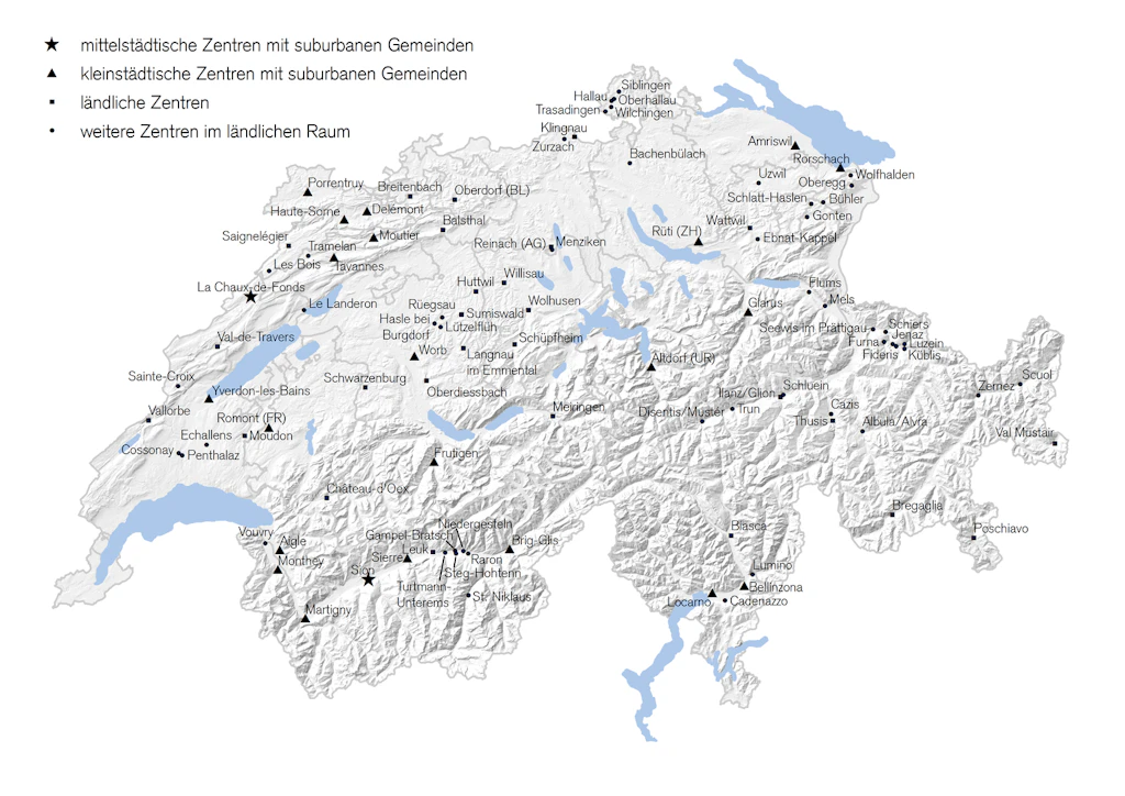 Map of Switzerland showing the various centres of the areas of application