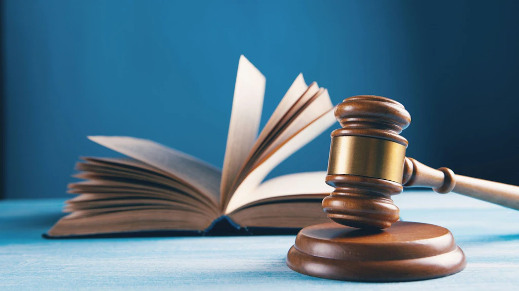 An open, thick book on a table; a judge’s gavel in the foreground