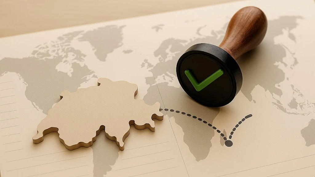 A photorealistic image of a map of Switzerland, a stamp with a green tick, and a world map with dotted lines representing international recognition.