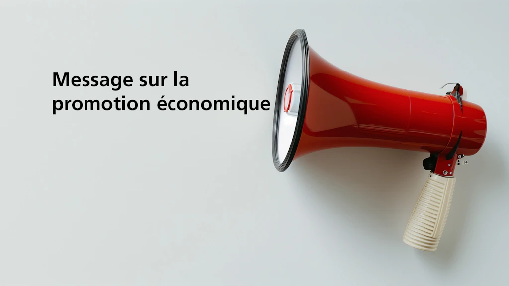 Un mégaphone rouge est posé sur un fond clair. À gauche, on peut lire le texte suivant : Message sur la promotion économique pour les années 2024 à 2027