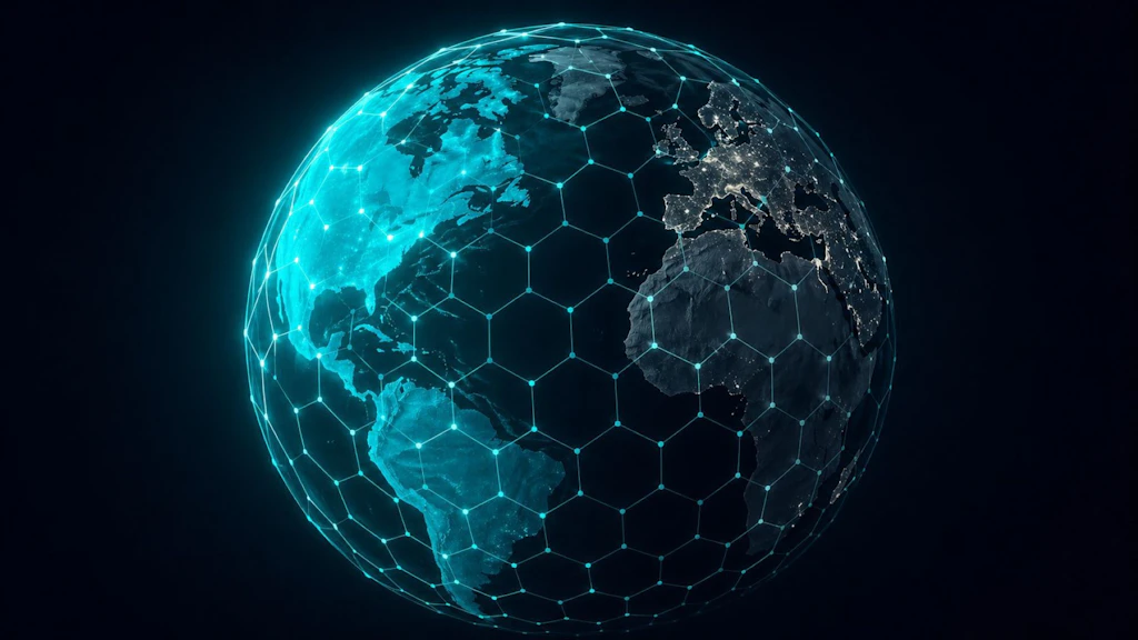 Représentation futuriste d'un globe terrestre turquoise recouvert d'un réseau en forme de nid d'abeille