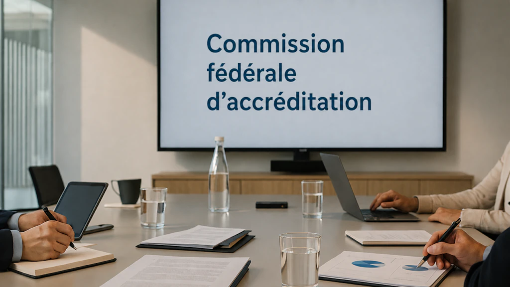 Réunion dans une salle de conférence équipée d'un écran de présentation ; sur l'écran, le nom de la commission : « Commission fédérale d'accréditation ».