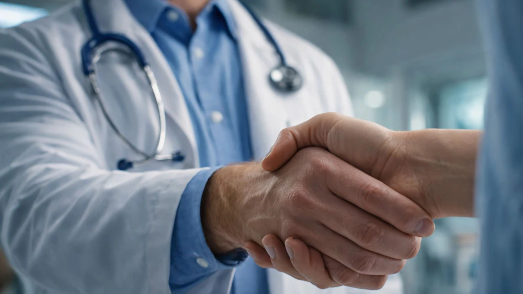 Poignée de main entre un professionnel de santé portant une blouse et un stéthoscope et une autre personne