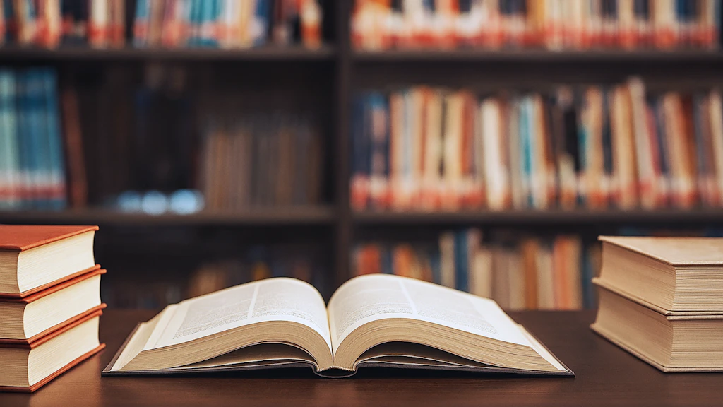 Un livre ouvert sur la table de la bibliothèque.
