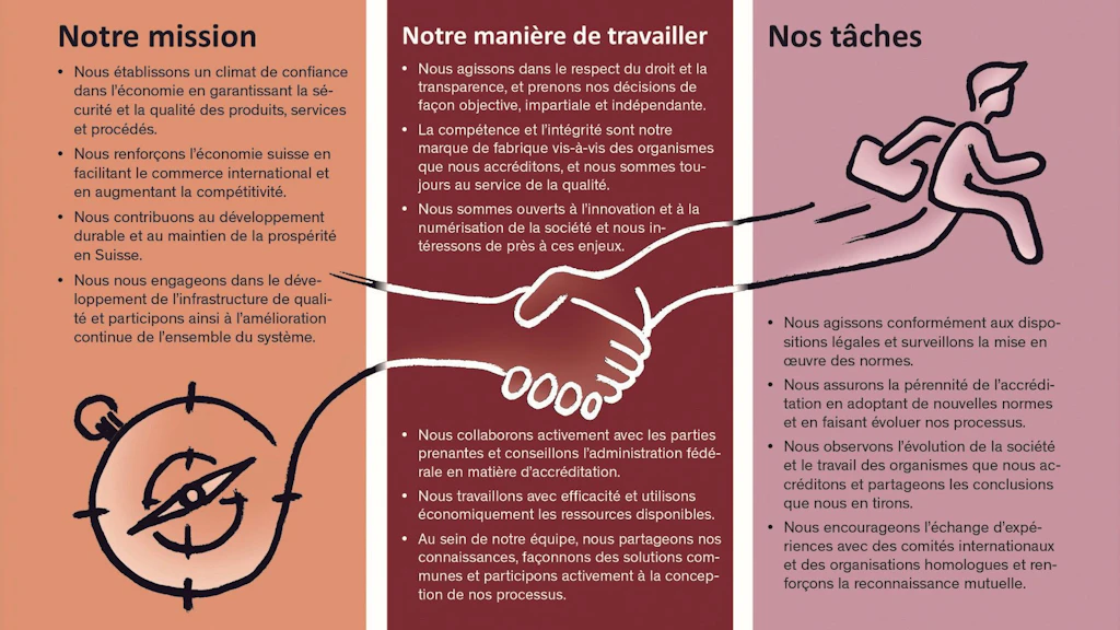 Illustration symbolique représentant une boussole dessinée et une personne en mouvement, reliées par deux mains – elle illustre la mission, la méthode de travail et les missions de la SAS