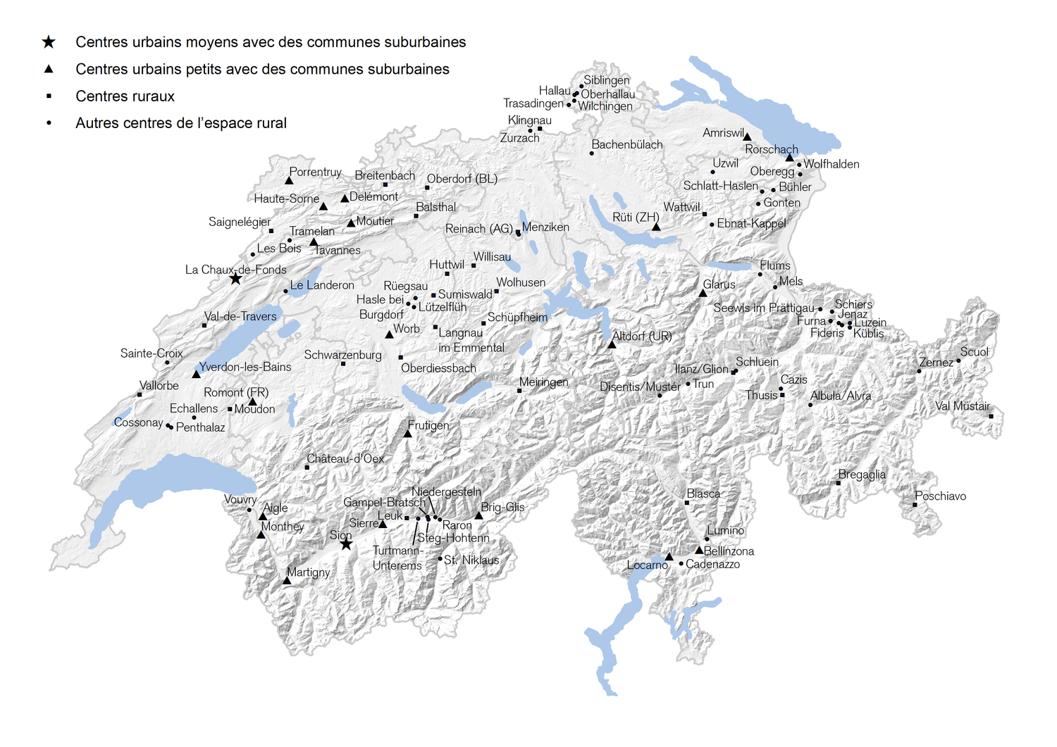 Carte de la Suisse indiquant les différents centres des domaines d'application