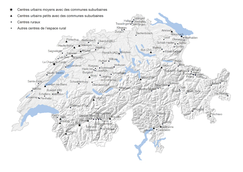 Carte de la Suisse indiquant les différents centres des domaines d'application