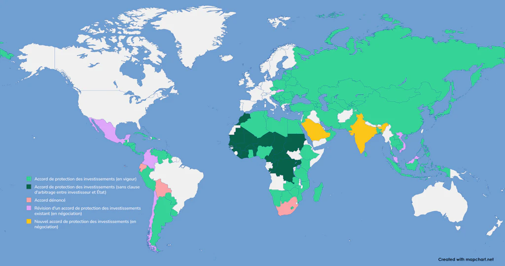 Carte du monde présentant une vue d'ensemble des accords de protection des investissements conclus par la Suisse