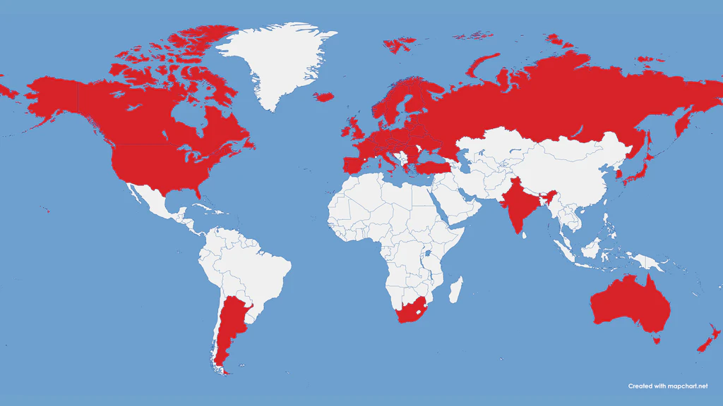 Carte du monde avec les États participants de l’Arrangement de Wassenaar