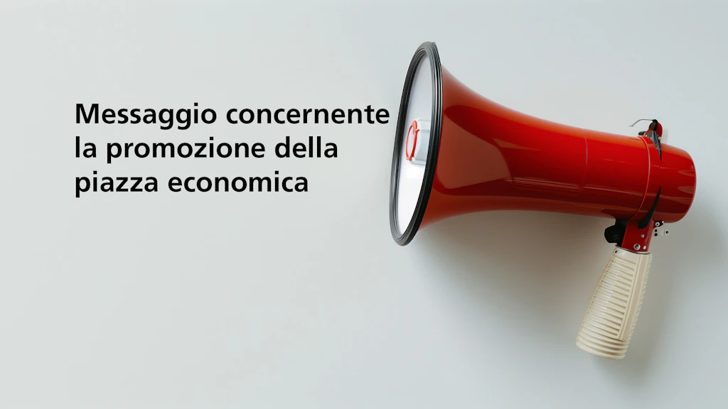 Un megafono rosso è posizionato su uno sfondo chiaro. A sinistra è riportato il testo: Messaggio concernente la promozione economica negli anni 2024-2027