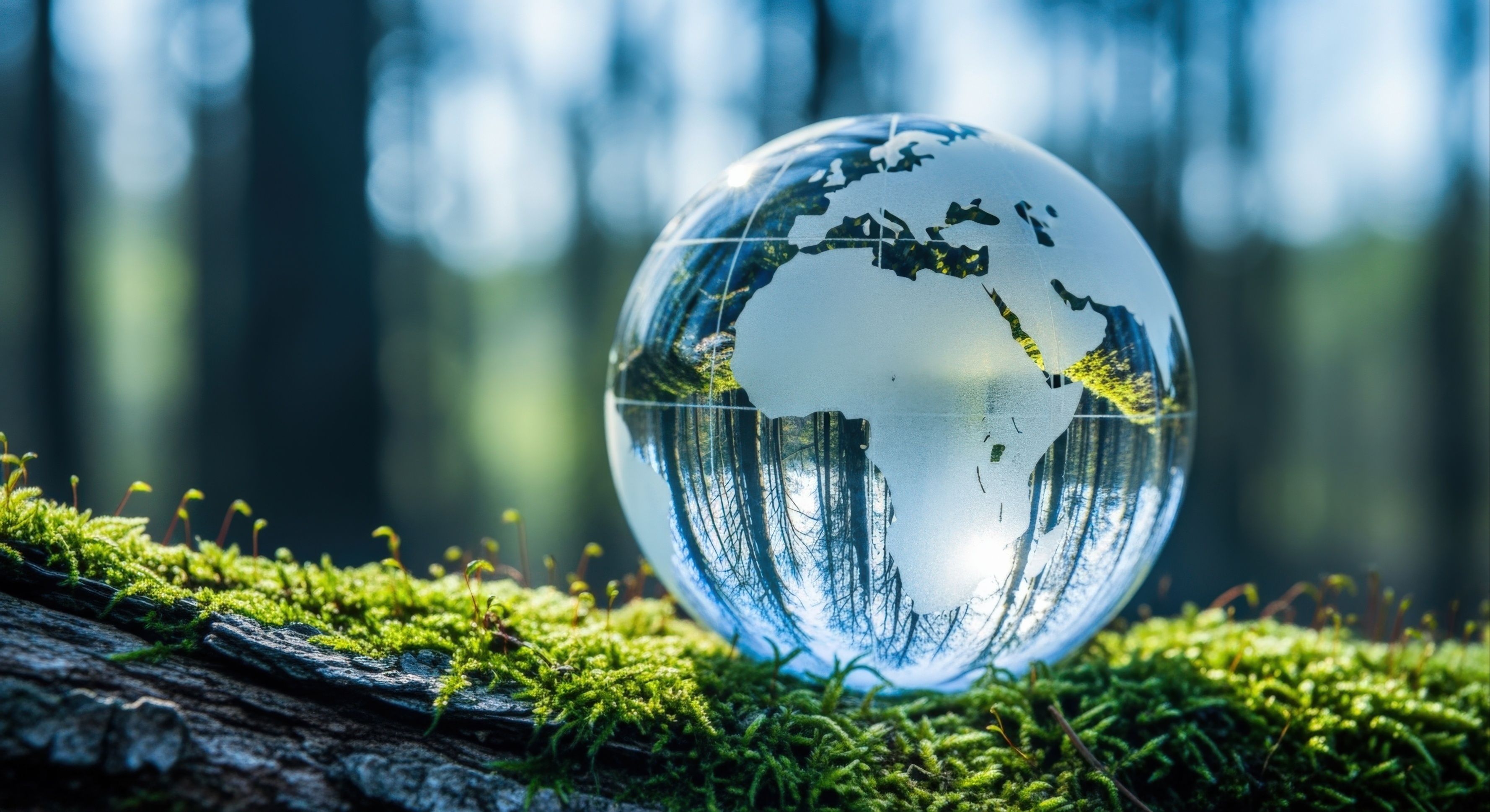 Sfera di vetro su un tronco ricoperto di muschio come simbolo della tutela dell'ambiente e di un futuro sostenibile nella foresta