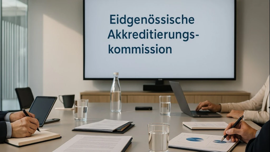 Riunione in una sala conferenze con schermo di presentazione; sullo schermo è visualizzato in tedesco il nome della commissione: «Eidgenössische Akkreditierungskommission».