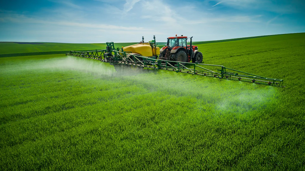 Trattore agricolo dotato di un irroratore di grandi dimensioni che spruzza un prodotto su un vasto campo verde