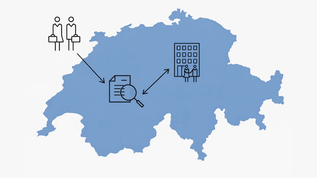 Il grafico mostra il contorno della Svizzera. Due persone entrano in Svizzera e vengono controllate dalle autorità.
